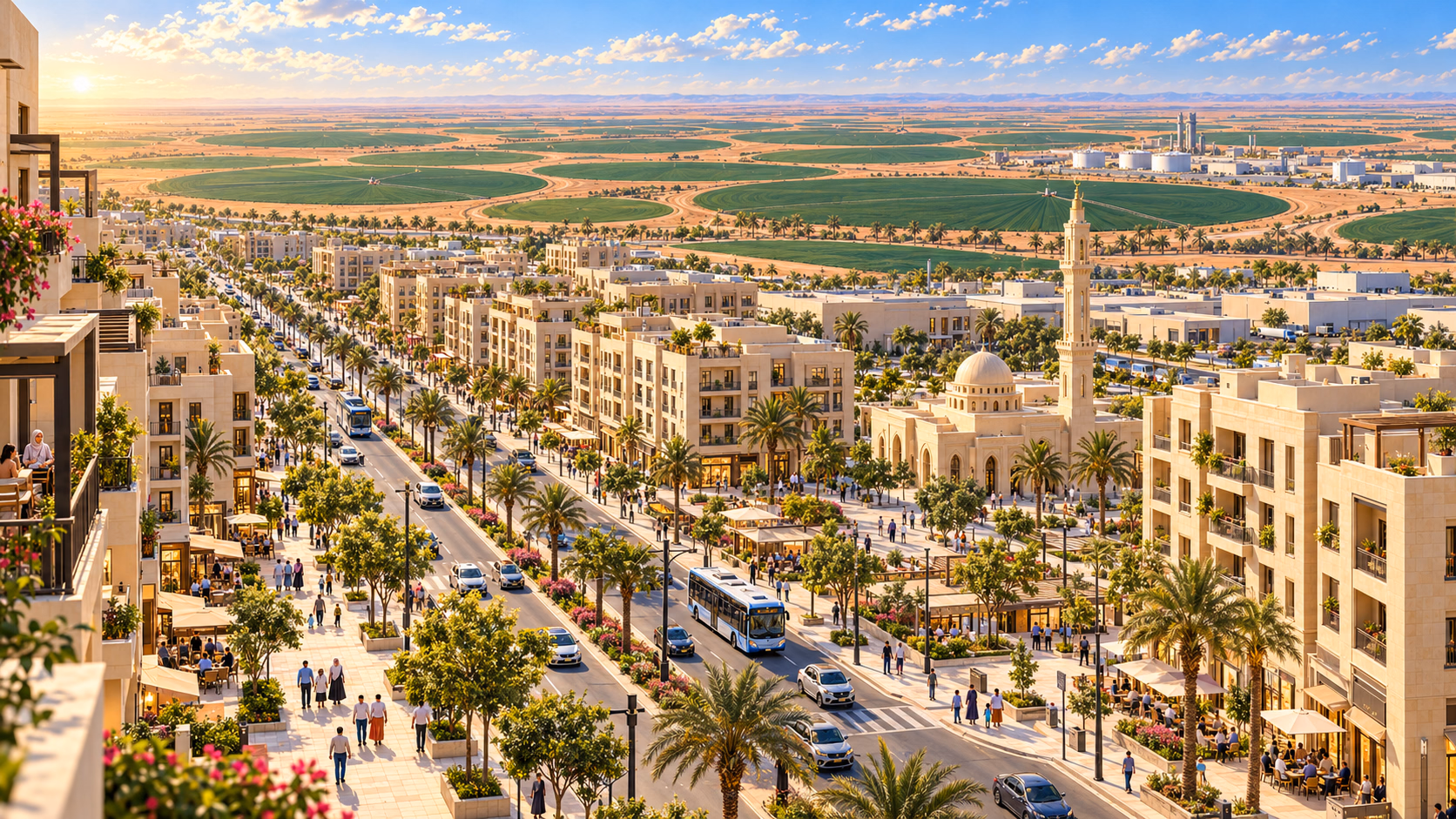 A painting envisioning a modern Egyptian economic town with businesses, families and productive land