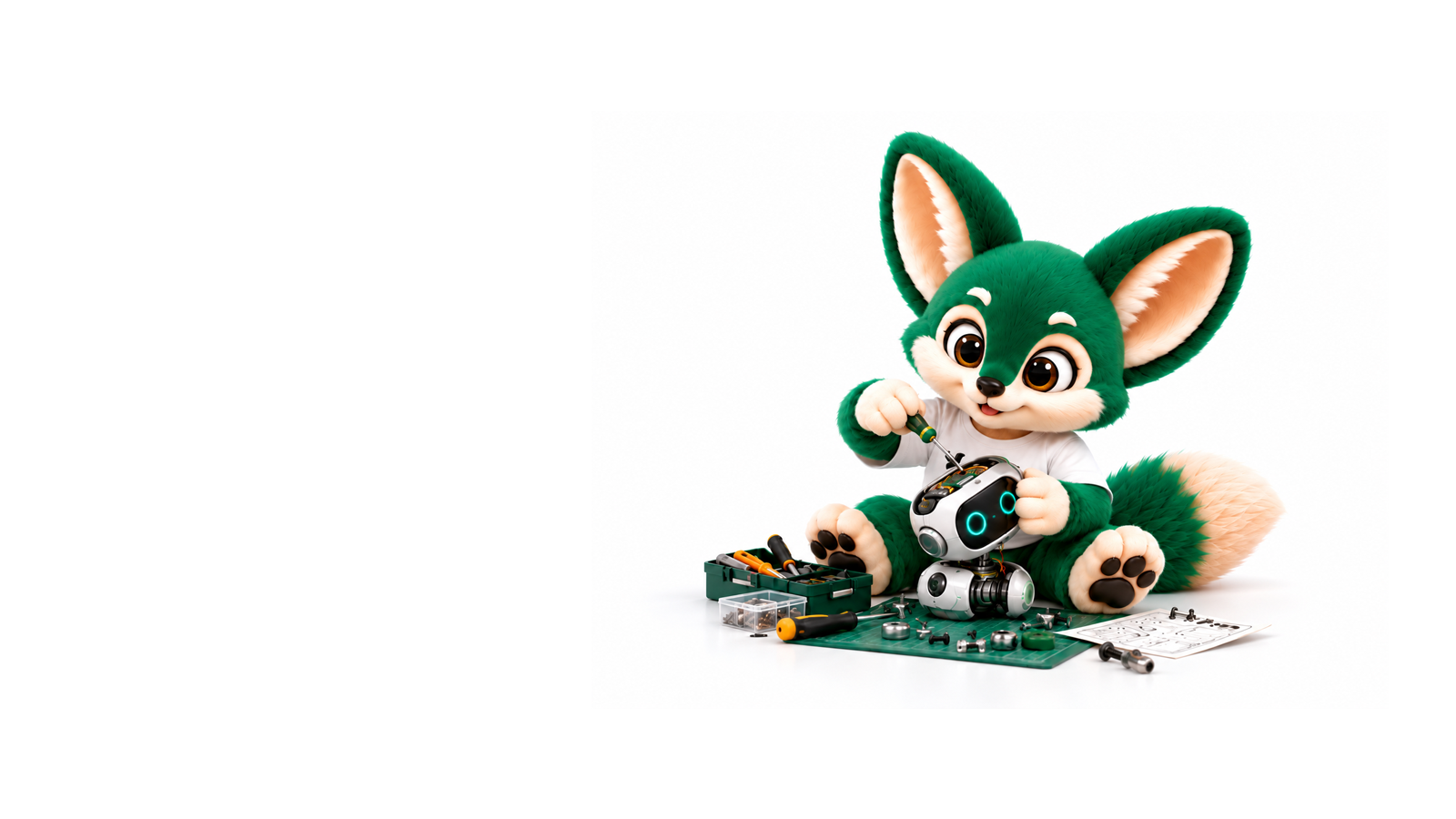 Youth Technology fennec mascot tinkering with a small robot