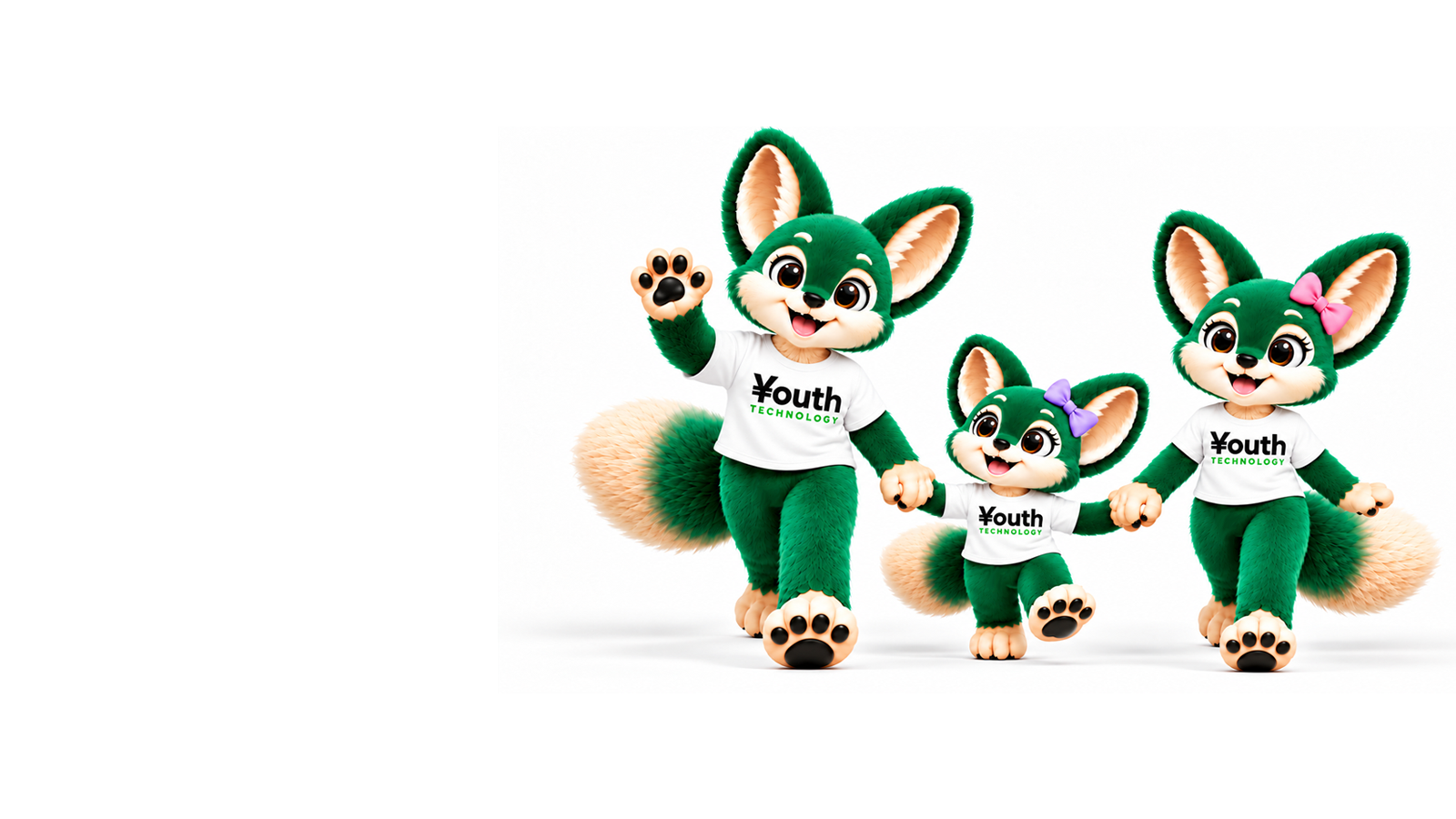 Three cheerful green Youth Technology fennec mascots walking together