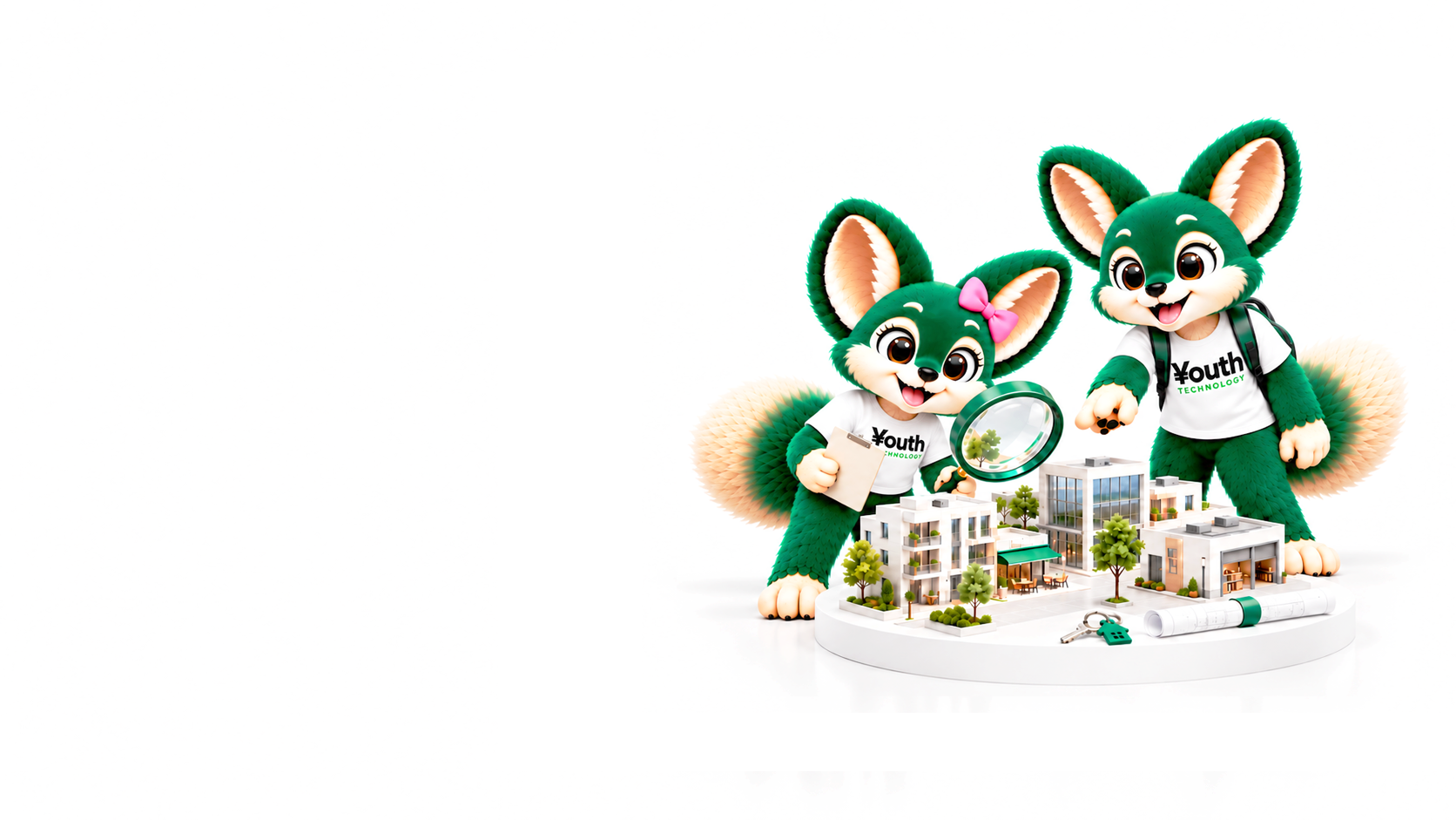 Two Youth mascots with a clipboard, magnifying glass and backpack exploring a miniature shopping plaza with property keys and plans